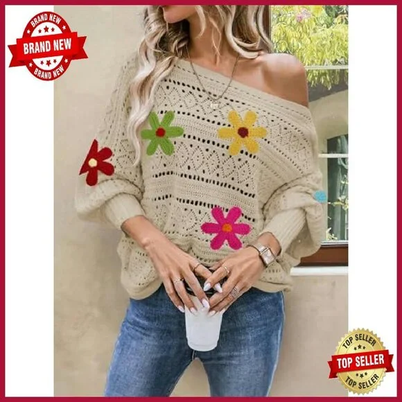 Oversized Off Shoulder Knit Sweater Batwing Sleeve Crochet Pullover - Picture 4 of 8